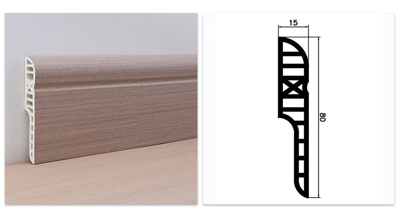 Tấm v&aacute;n ch&acirc;n tường chống thấm tr&ograve;n bằng b&uacute;t ch&igrave; PVC 80 * 15mm